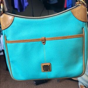 Dooney & Bourke Blue and Tan Shoulder Bag with Leather Accents